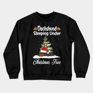 Dachshund Sleeping Under Christmas Tree Funny Xmas Crewneck Sweatshirt